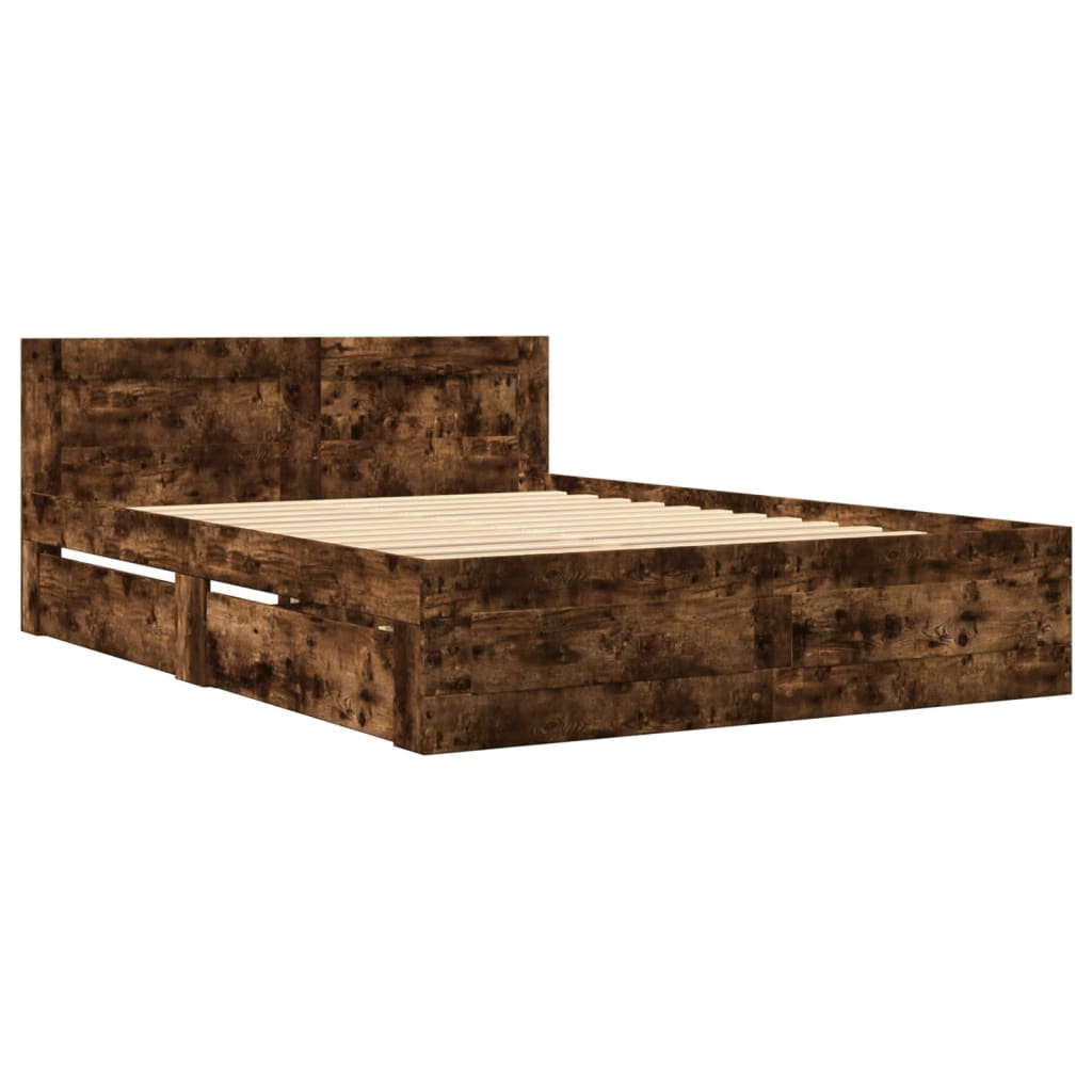 Bedframe met hoofdeinde bewerkt hout gerookt eiken 120x200 cm is nu te koop bij PeponiXL, paradijselijk wonen!