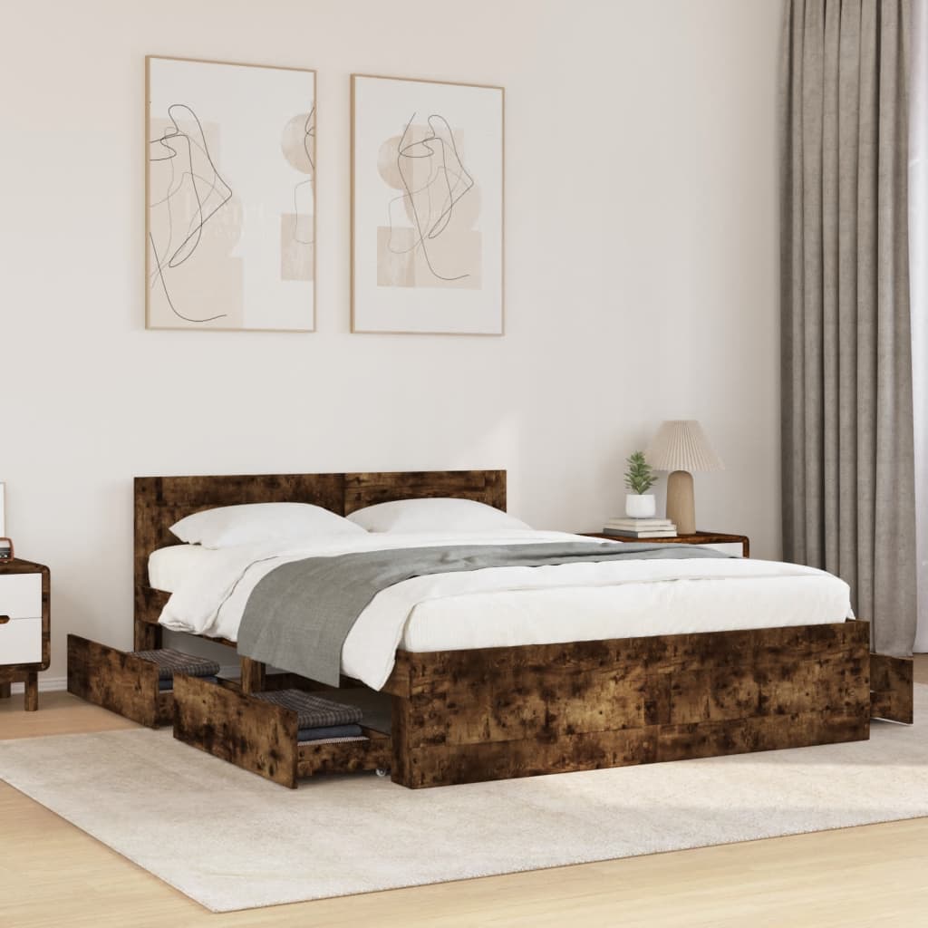 Bedframe met hoofdeinde bewerkt hout gerookt eiken 120x200 cm is nu te koop bij PeponiXL, paradijselijk wonen!