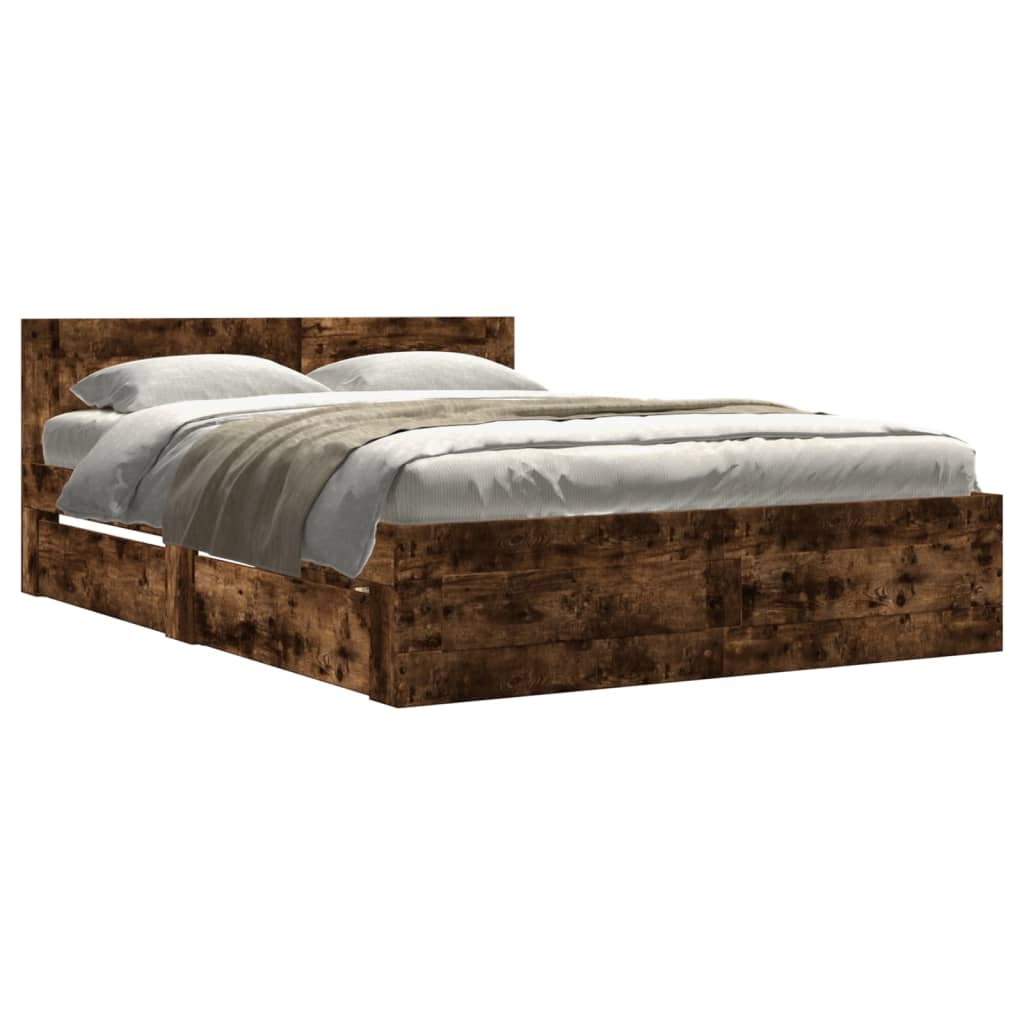 Bedframe met hoofdeinde bewerkt hout gerookt eiken 120x200 cm is nu te koop bij PeponiXL, paradijselijk wonen!