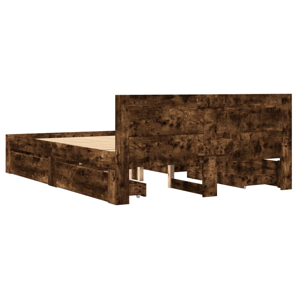 Bedframe met hoofdeinde bewerkt hout gerookt eiken 120x200 cm is nu te koop bij PeponiXL, paradijselijk wonen!