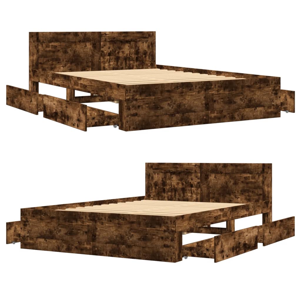 Bedframe met hoofdeinde bewerkt hout gerookt eiken 120x200 cm is nu te koop bij PeponiXL, paradijselijk wonen!