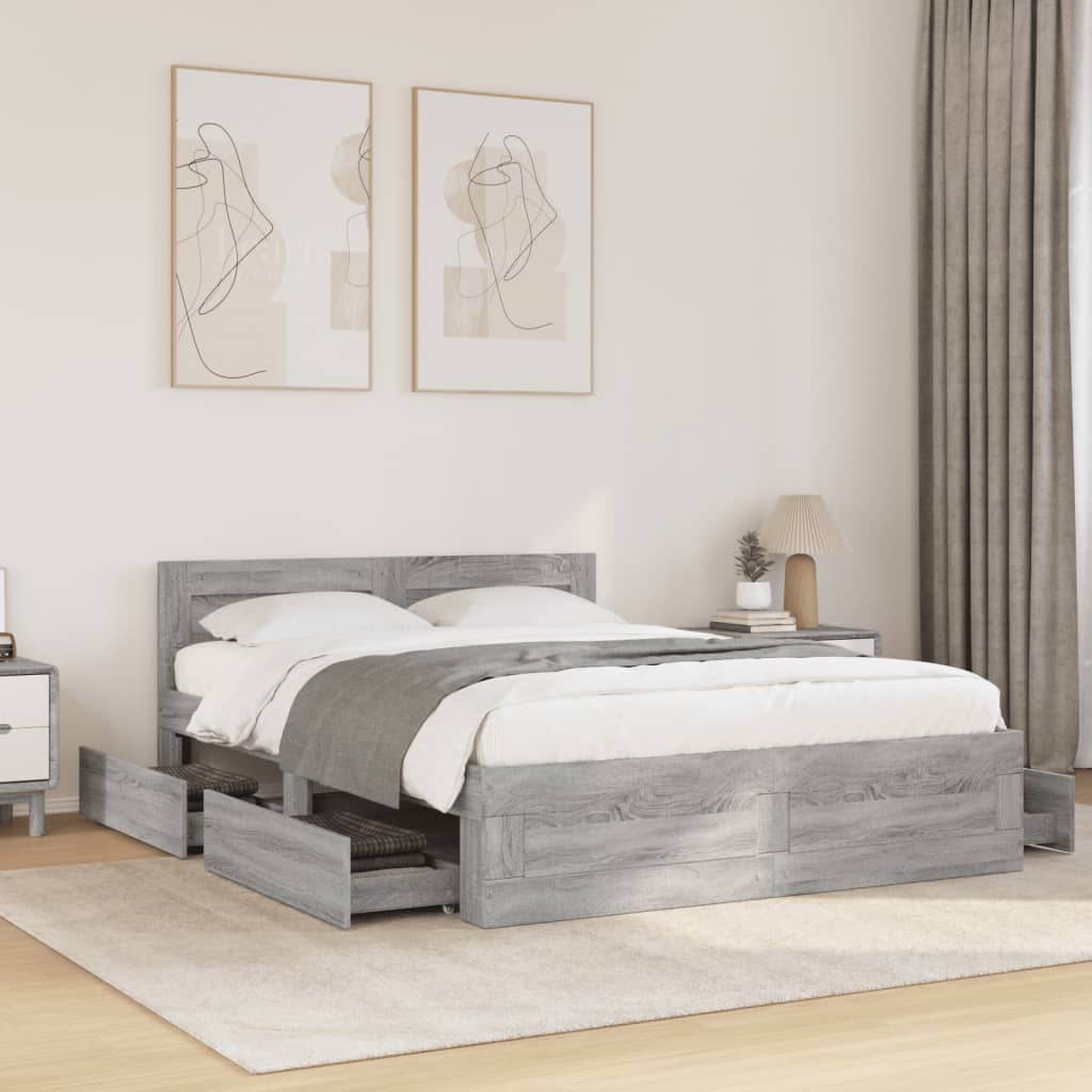 Bedframe met hoofdeinde bewerkt hout grijs sonoma 120x200 cm is nu te koop bij PeponiXL, paradijselijk wonen!