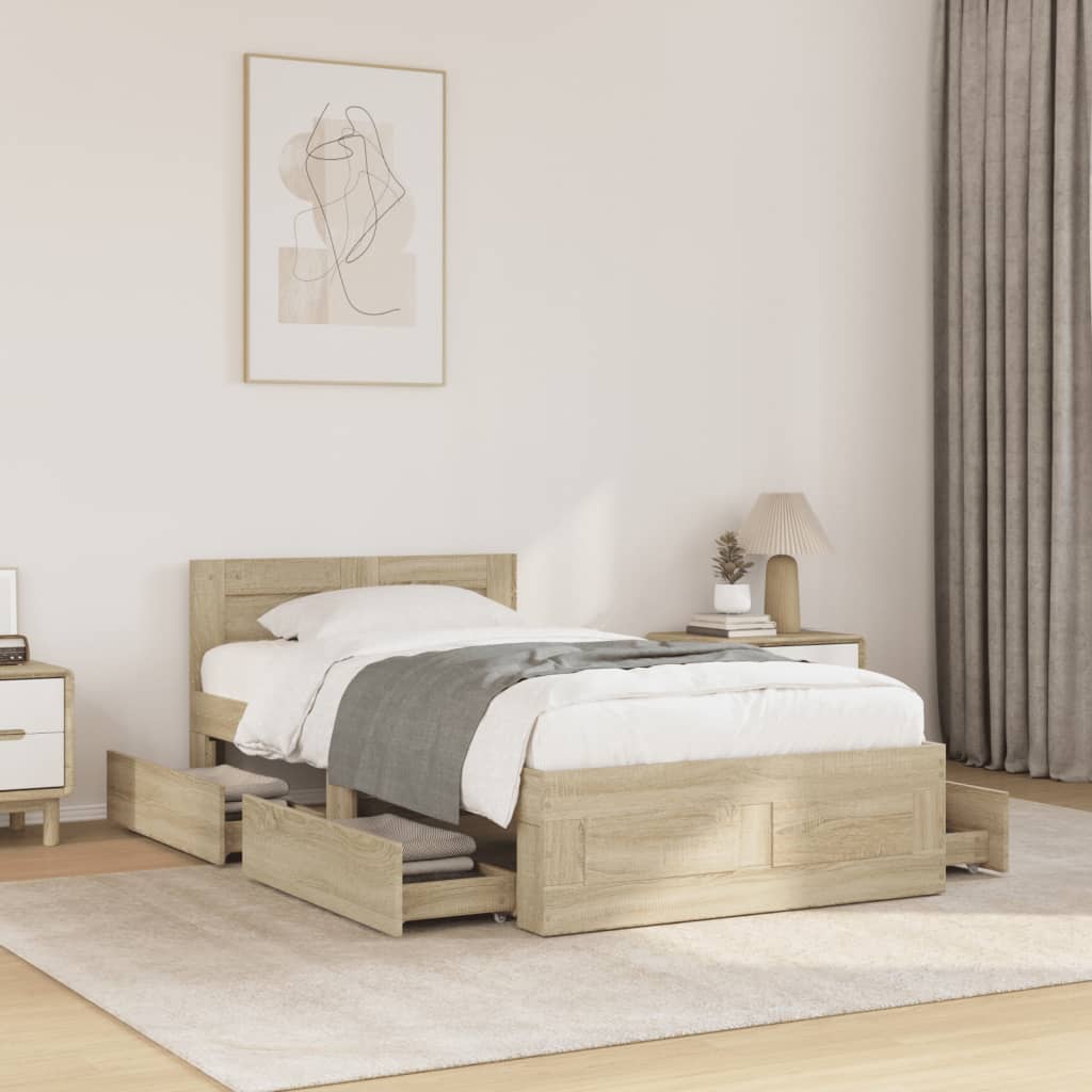 Bedframe met hoofdeinde bewerkt hout sonoma eiken 100x200 cm is nu te koop bij PeponiXL, paradijselijk wonen!
