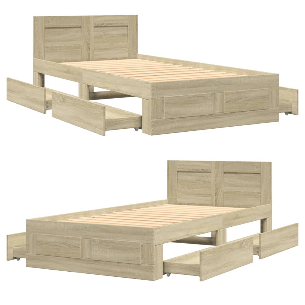 Bedframe met hoofdeinde bewerkt hout sonoma eiken 100x200 cm is nu te koop bij PeponiXL, paradijselijk wonen!