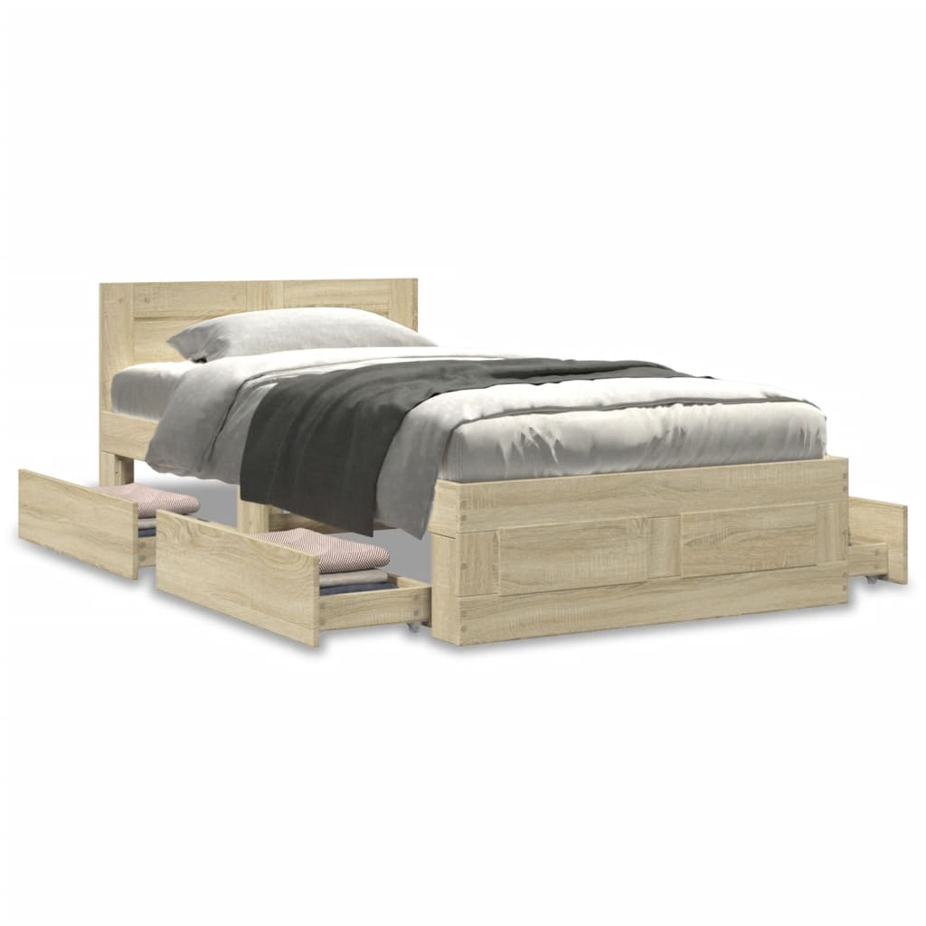 Bedframe met hoofdeinde bewerkt hout sonoma eiken 100x200 cm is nu te koop bij PeponiXL, paradijselijk wonen!