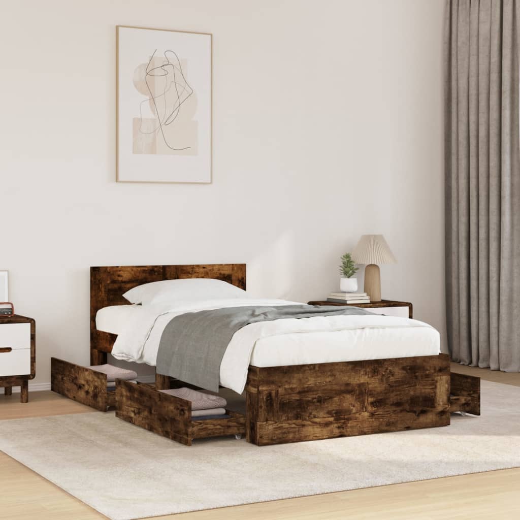 Bedframe met hoofdeinde bewerkt hout gerookt eiken 100x200 cm is nu te koop bij PeponiXL, paradijselijk wonen!