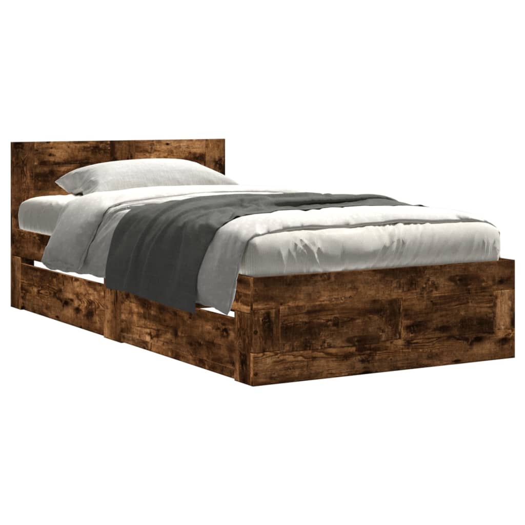 Bedframe met hoofdeinde bewerkt hout gerookt eiken 100x200 cm is nu te koop bij PeponiXL, paradijselijk wonen!