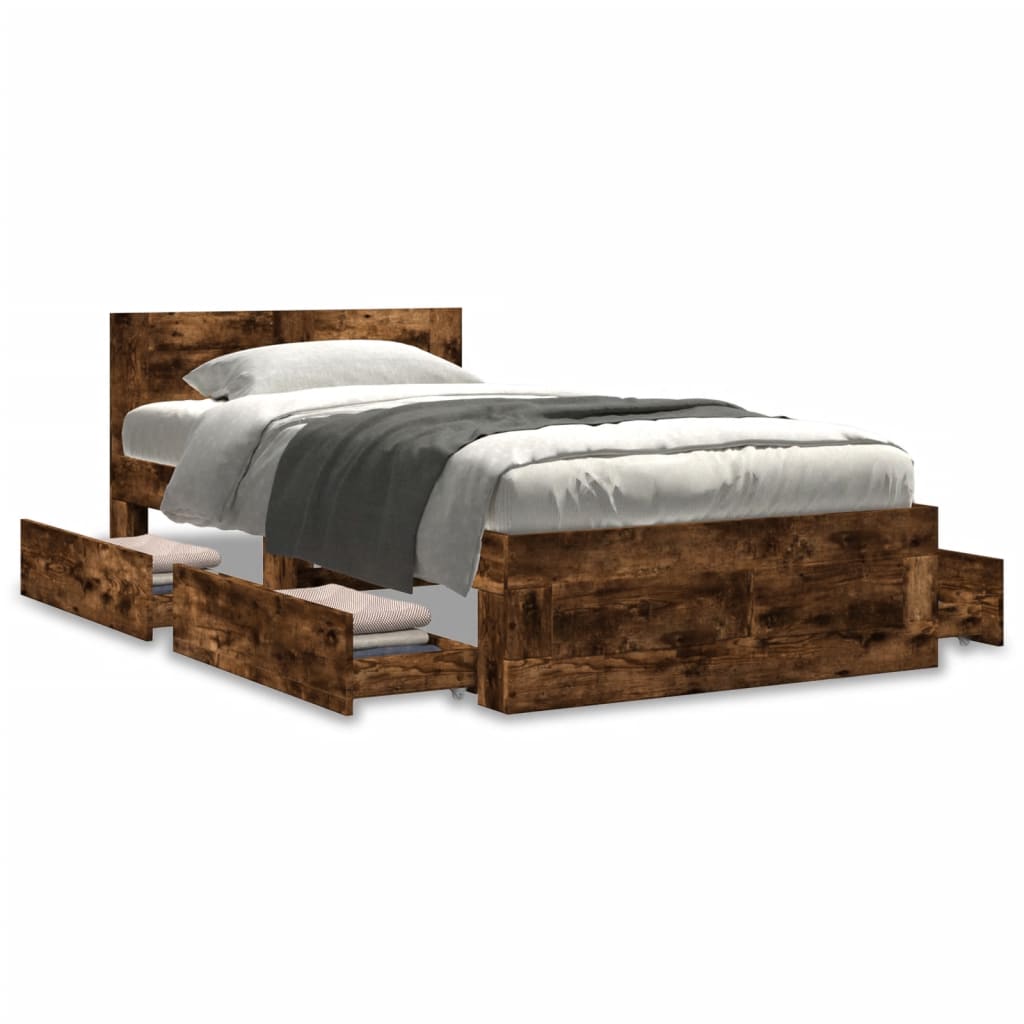 Bedframe met hoofdeinde bewerkt hout gerookt eiken 100x200 cm is nu te koop bij PeponiXL, paradijselijk wonen!