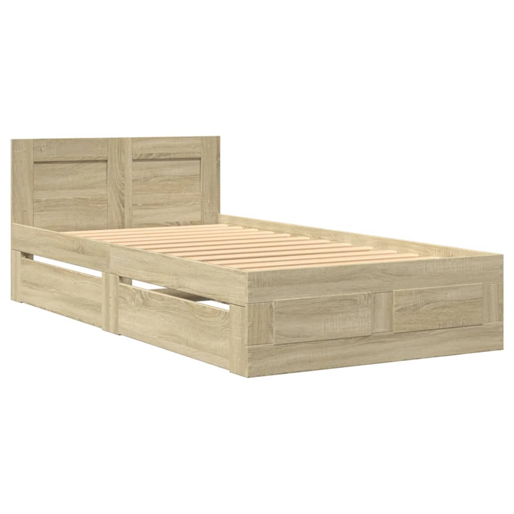 Bedframe met hoofdeinde bewerkt hout sonoma eiken 100x200 cm is nu te koop bij PeponiXL, paradijselijk wonen!