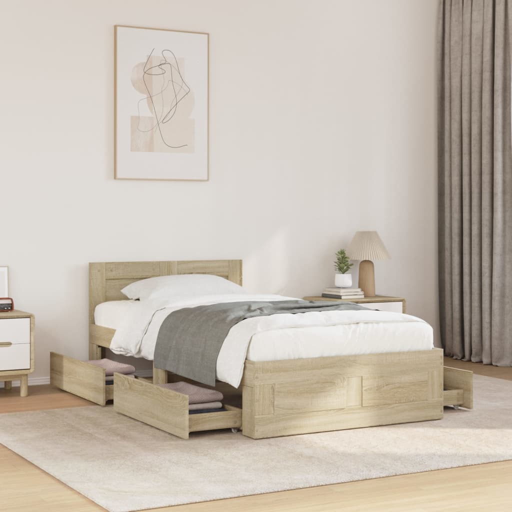 Bedframe met hoofdeinde bewerkt hout sonoma eiken 100x200 cm is nu te koop bij PeponiXL, paradijselijk wonen!