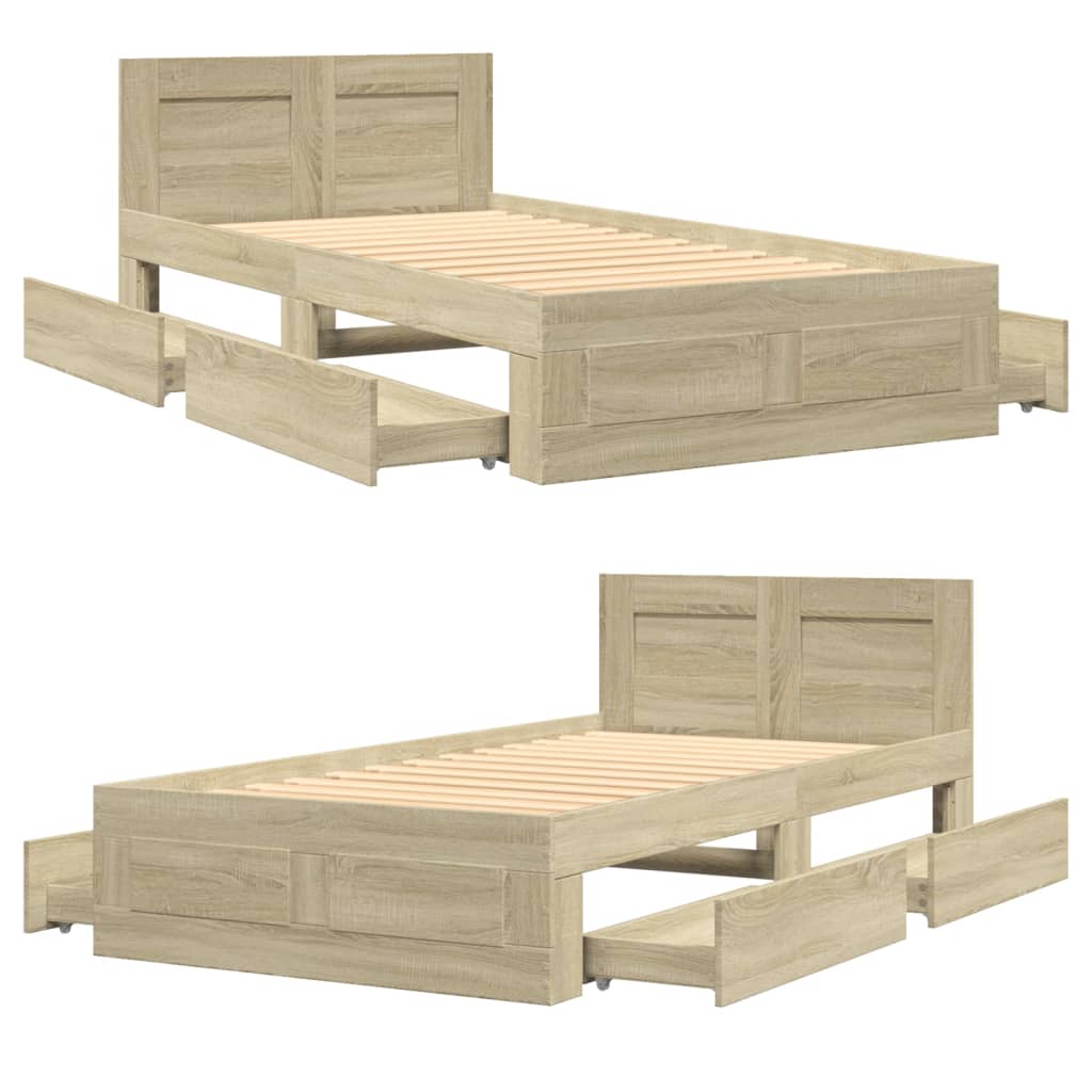 Bedframe met hoofdeinde bewerkt hout sonoma eiken 100x200 cm is nu te koop bij PeponiXL, paradijselijk wonen!