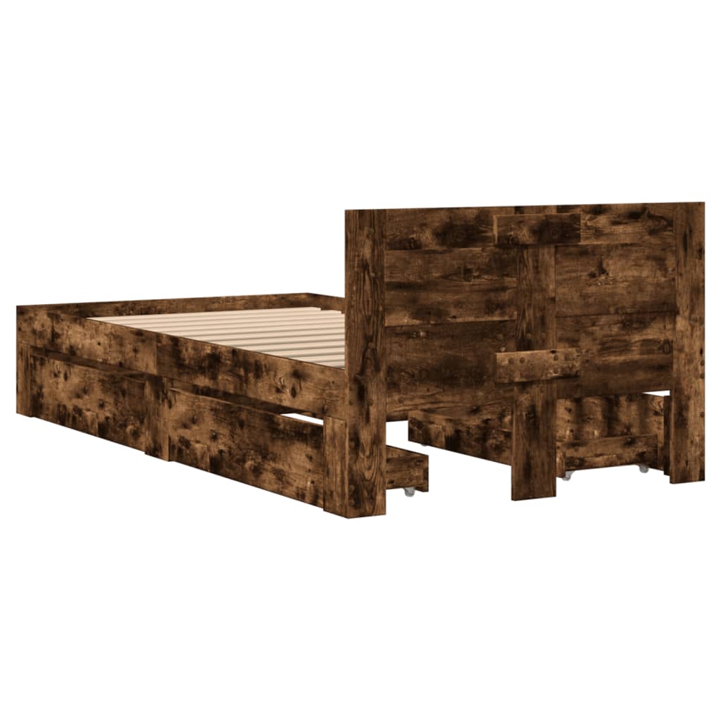 Bedframe met hoofdeinde bewerkt hout gerookt eiken 90x200 cm is nu te koop bij PeponiXL, paradijselijk wonen!