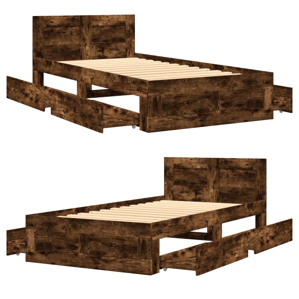 Bedframe met hoofdeinde bewerkt hout gerookt eiken 90x200 cm is nu te koop bij PeponiXL, paradijselijk wonen!