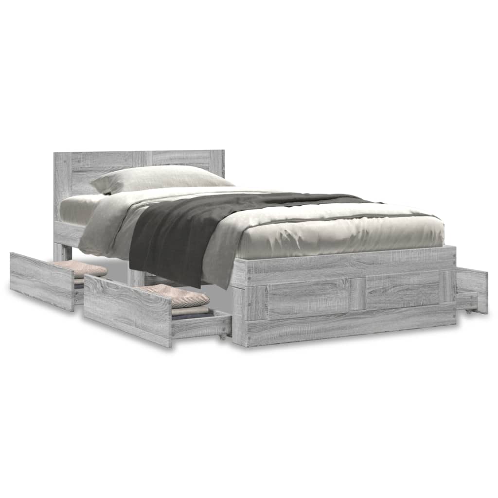 Bedframe met hoofdeinde bewerkt hout grijs sonoma 90x200 cm is nu te koop bij PeponiXL, paradijselijk wonen!