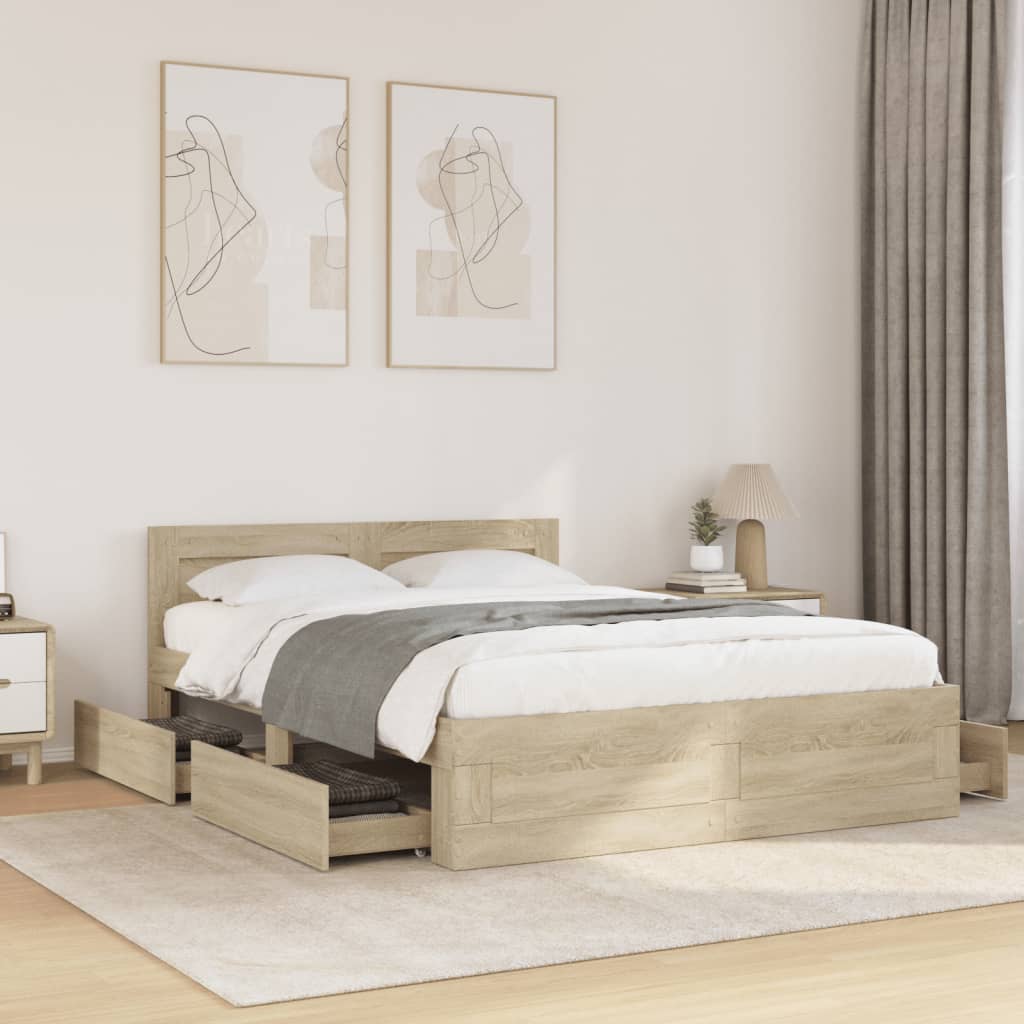 Bedframe met hoofdeinde bewerkt hout sonoma eiken 120x190 cm is nu te koop bij PeponiXL, paradijselijk wonen!