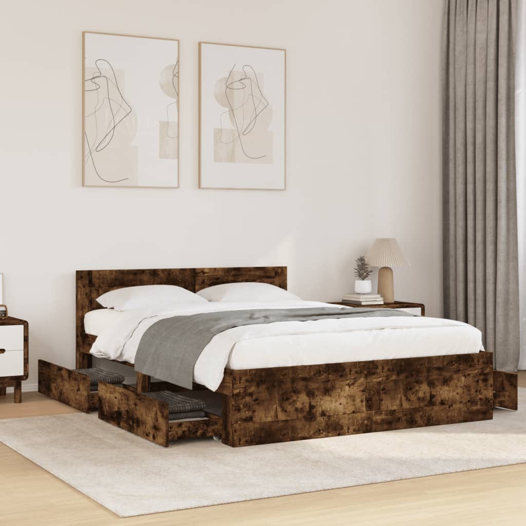 Bedframe met hoofdeinde bewerkt hout gerookt eiken 120x190 cm is nu te koop bij PeponiXL, paradijselijk wonen!
