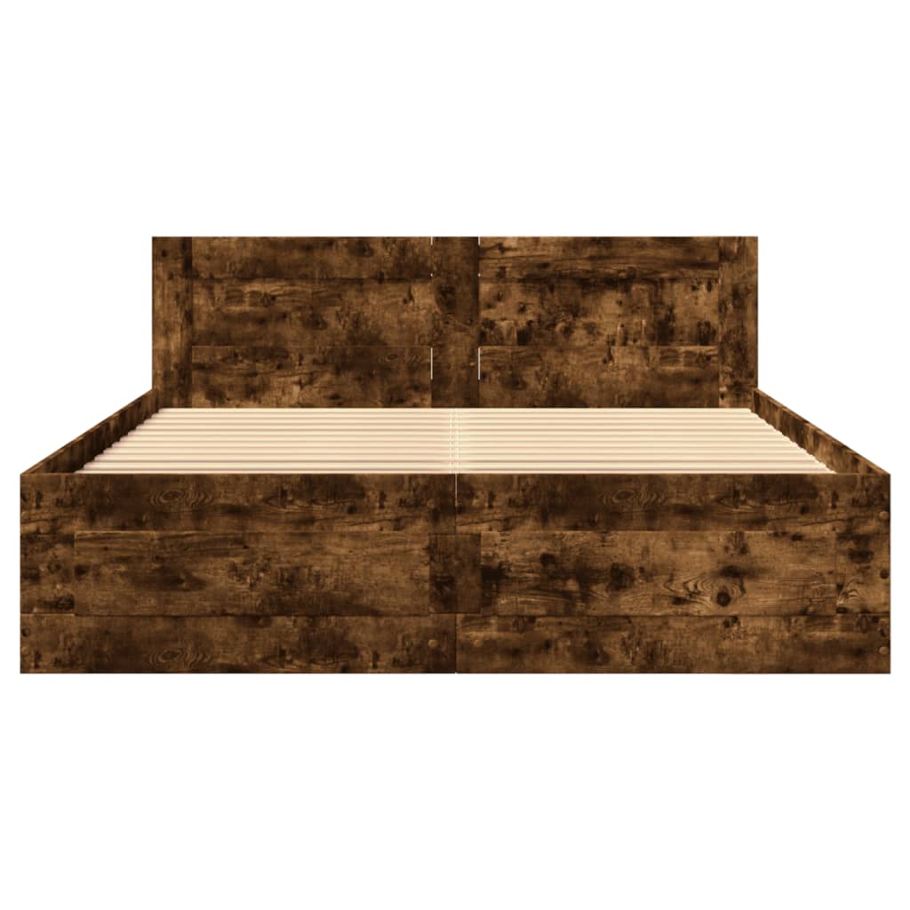 Bedframe met hoofdeinde bewerkt hout gerookt eiken 120x190 cm is nu te koop bij PeponiXL, paradijselijk wonen!