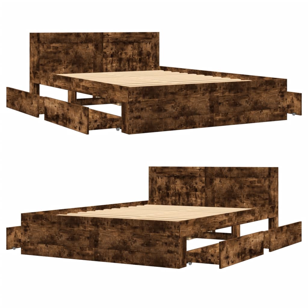 Bedframe met hoofdeinde bewerkt hout gerookt eiken 120x190 cm is nu te koop bij PeponiXL, paradijselijk wonen!