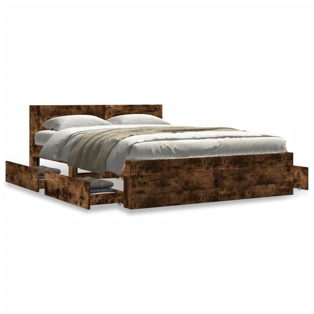 Bedframe met hoofdeinde bewerkt hout gerookt eiken 120x190 cm is nu te koop bij PeponiXL, paradijselijk wonen!