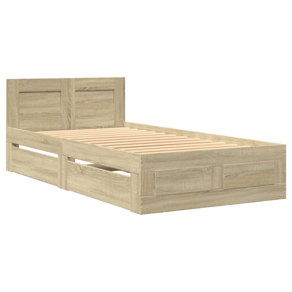 Bedframe met hoofdbord bewerkt hout sonoma eiken 75x190 cm is nu te koop bij PeponiXL, paradijselijk wonen!