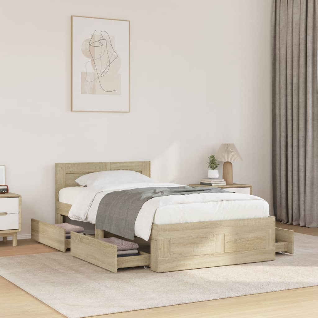 Bedframe met hoofdbord bewerkt hout sonoma eiken 75x190 cm is nu te koop bij PeponiXL, paradijselijk wonen!