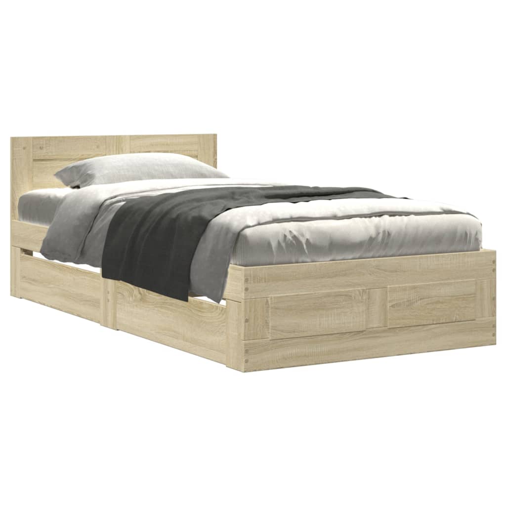 Bedframe met hoofdbord bewerkt hout sonoma eiken 75x190 cm is nu te koop bij PeponiXL, paradijselijk wonen!