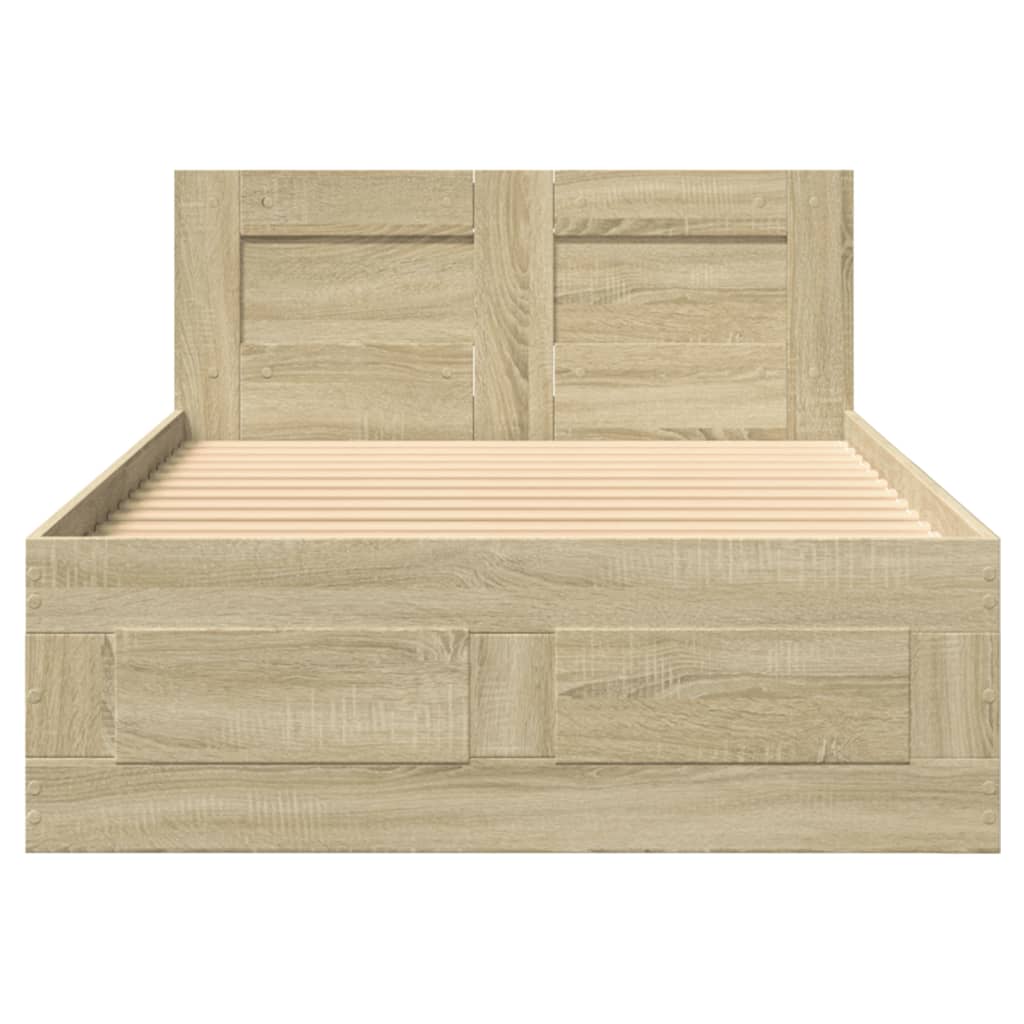 Bedframe met hoofdbord bewerkt hout sonoma eiken 75x190 cm is nu te koop bij PeponiXL, paradijselijk wonen!