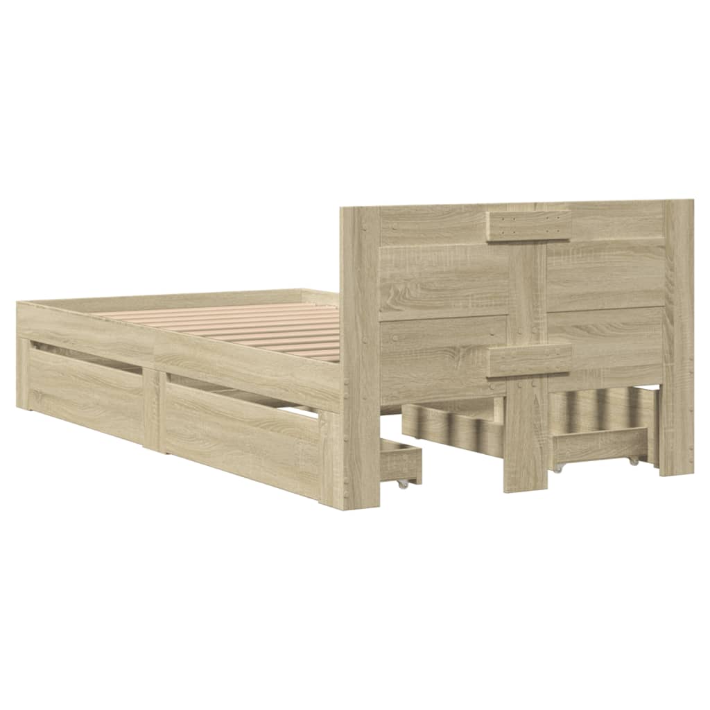 Bedframe met hoofdbord bewerkt hout sonoma eiken 75x190 cm is nu te koop bij PeponiXL, paradijselijk wonen!