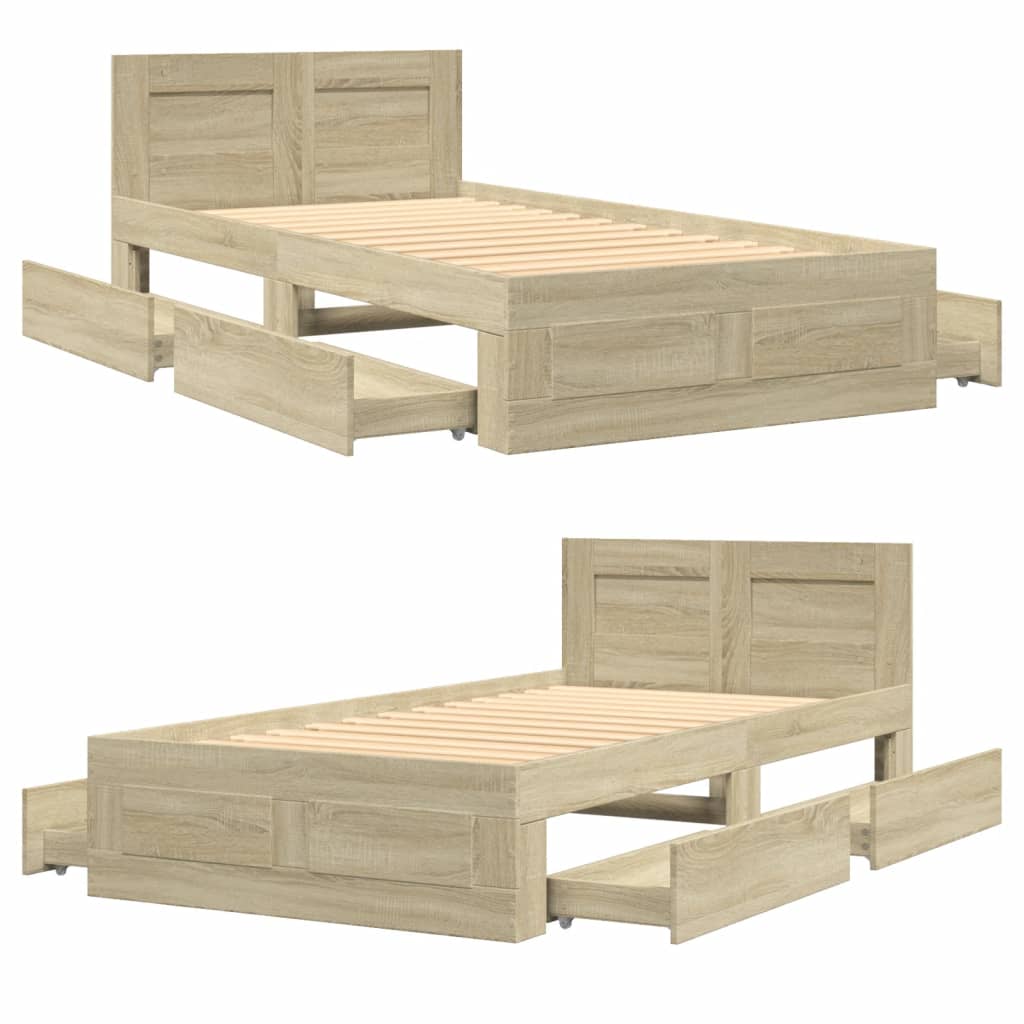 Bedframe met hoofdbord bewerkt hout sonoma eiken 75x190 cm is nu te koop bij PeponiXL, paradijselijk wonen!