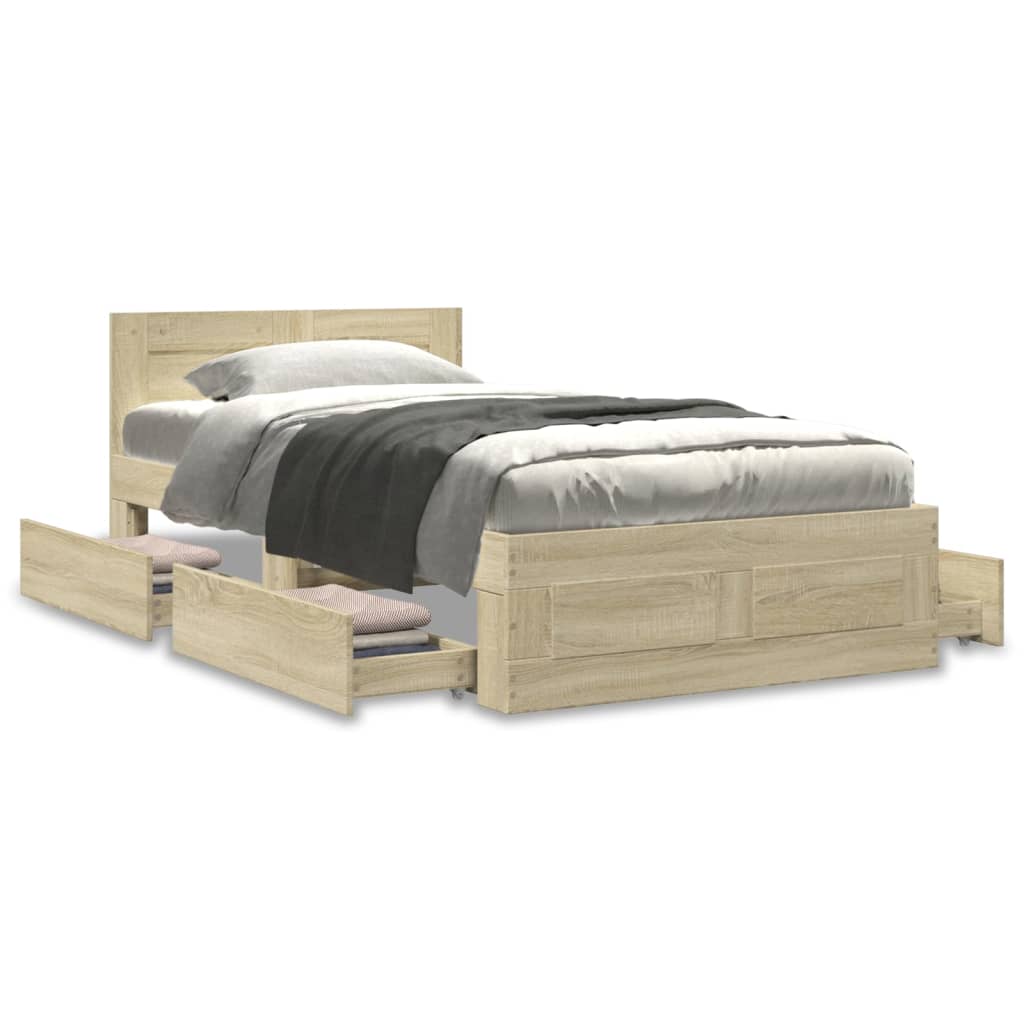 Bedframe met hoofdbord bewerkt hout sonoma eiken 75x190 cm is nu te koop bij PeponiXL, paradijselijk wonen!