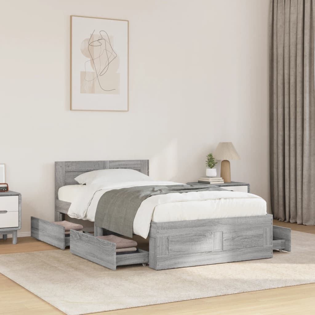 Bedframe met hoofdbord bewerkt hout betongrijs 75x190 cm is nu te koop bij PeponiXL, paradijselijk wonen!