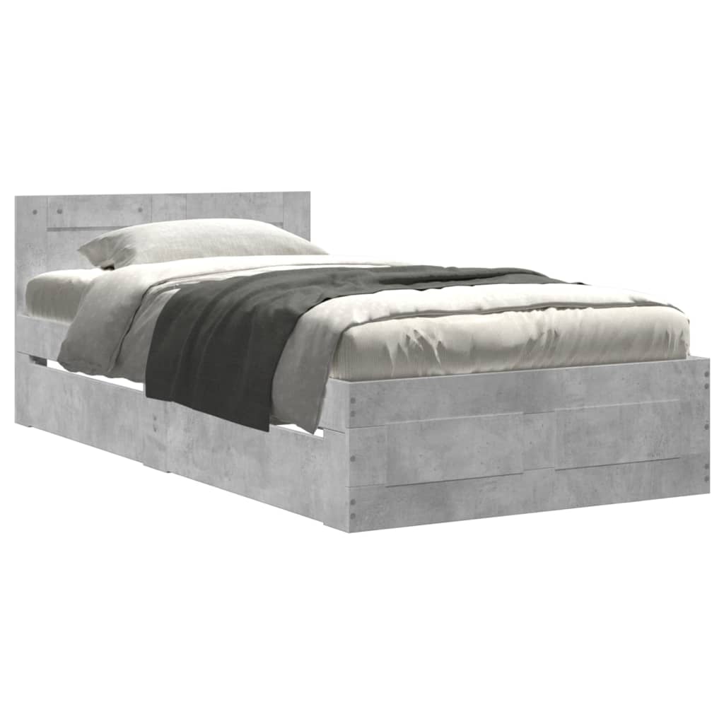 Bedframe met hoofdbord bewerkt hout betongrijs 75x190 cm is nu te koop bij PeponiXL, paradijselijk wonen!