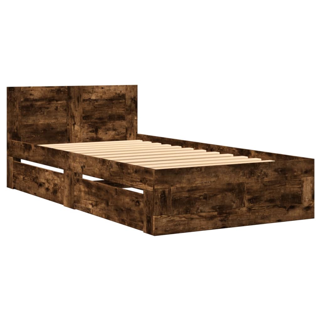 Bedframe met hoofdbord bewerkt hout gerookt eiken 75x190 cm is nu te koop bij PeponiXL, paradijselijk wonen!