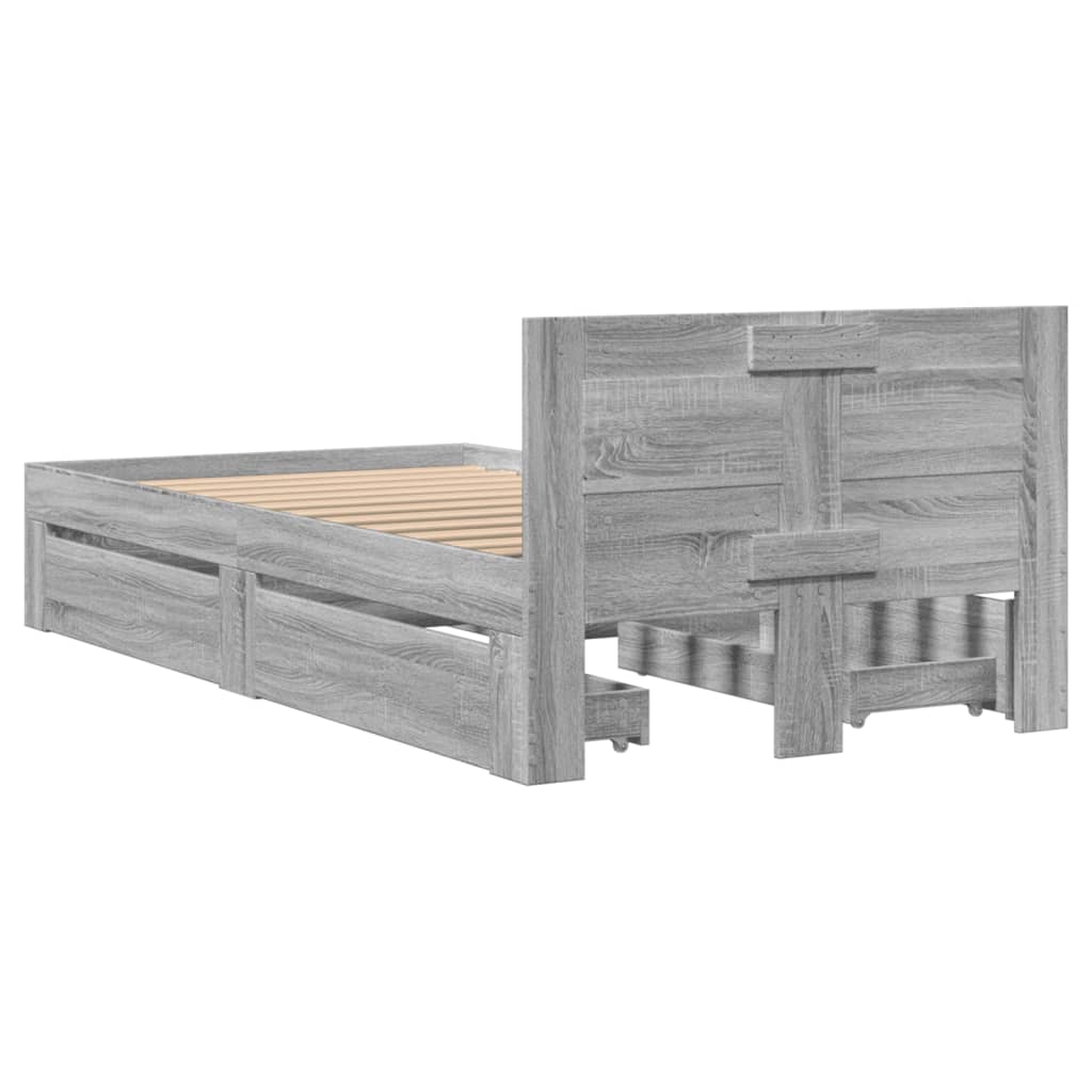 Bedframe met hoofdbord bewerkt hout grijs sonoma 75x190 cm is nu te koop bij PeponiXL, paradijselijk wonen!