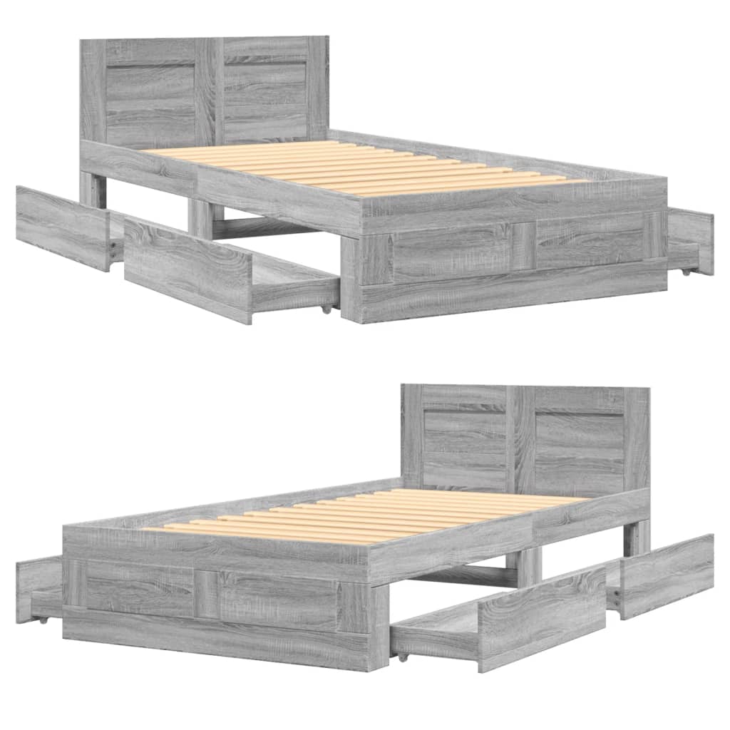 Bedframe met hoofdbord bewerkt hout grijs sonoma 75x190 cm is nu te koop bij PeponiXL, paradijselijk wonen!