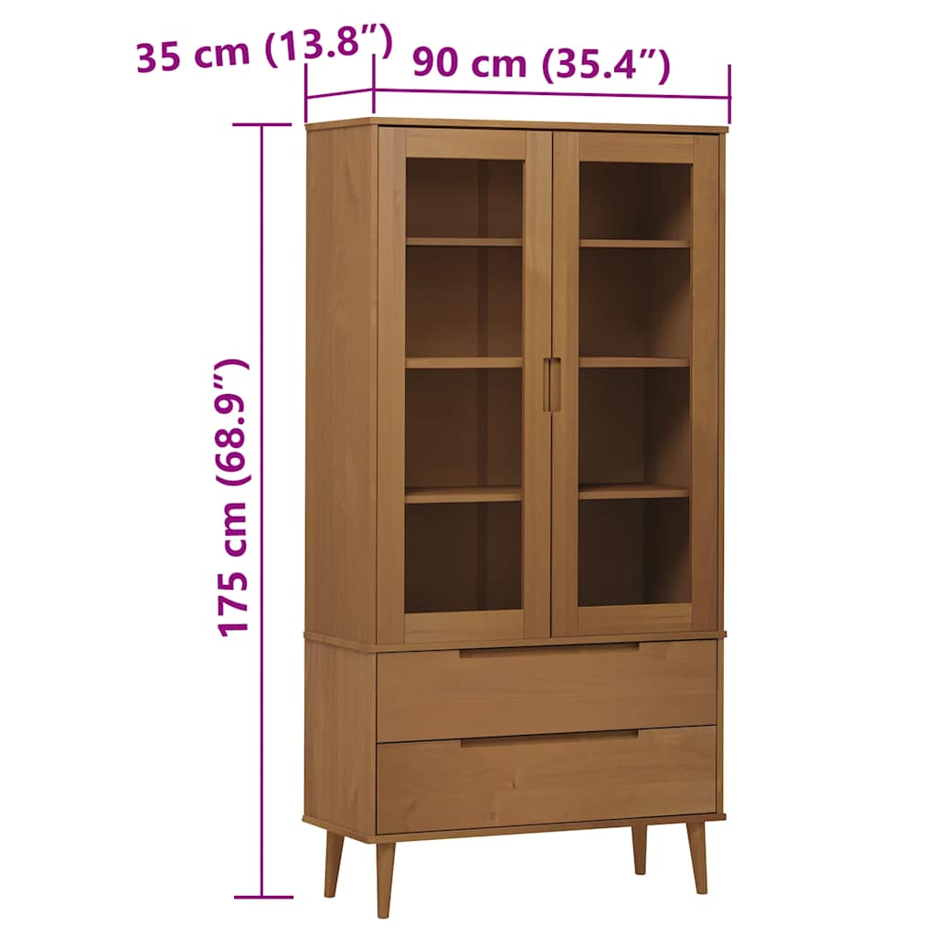 Vitrinekast MOLDE 90x35x175 cm massief grenenhout bruin is nu te koop bij PeponiXL, paradijselijk wonen!