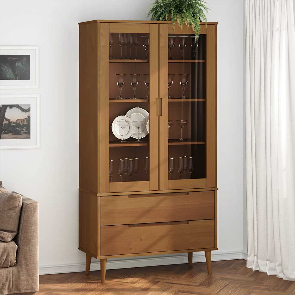 Vitrinekast MOLDE 90x35x175 cm massief grenenhout bruin is nu te koop bij PeponiXL, paradijselijk wonen!