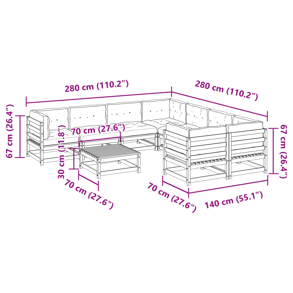 9-delige Loungeset met kussens massief grenenhout wasbruin is nu te koop bij PeponiXL, paradijselijk wonen!