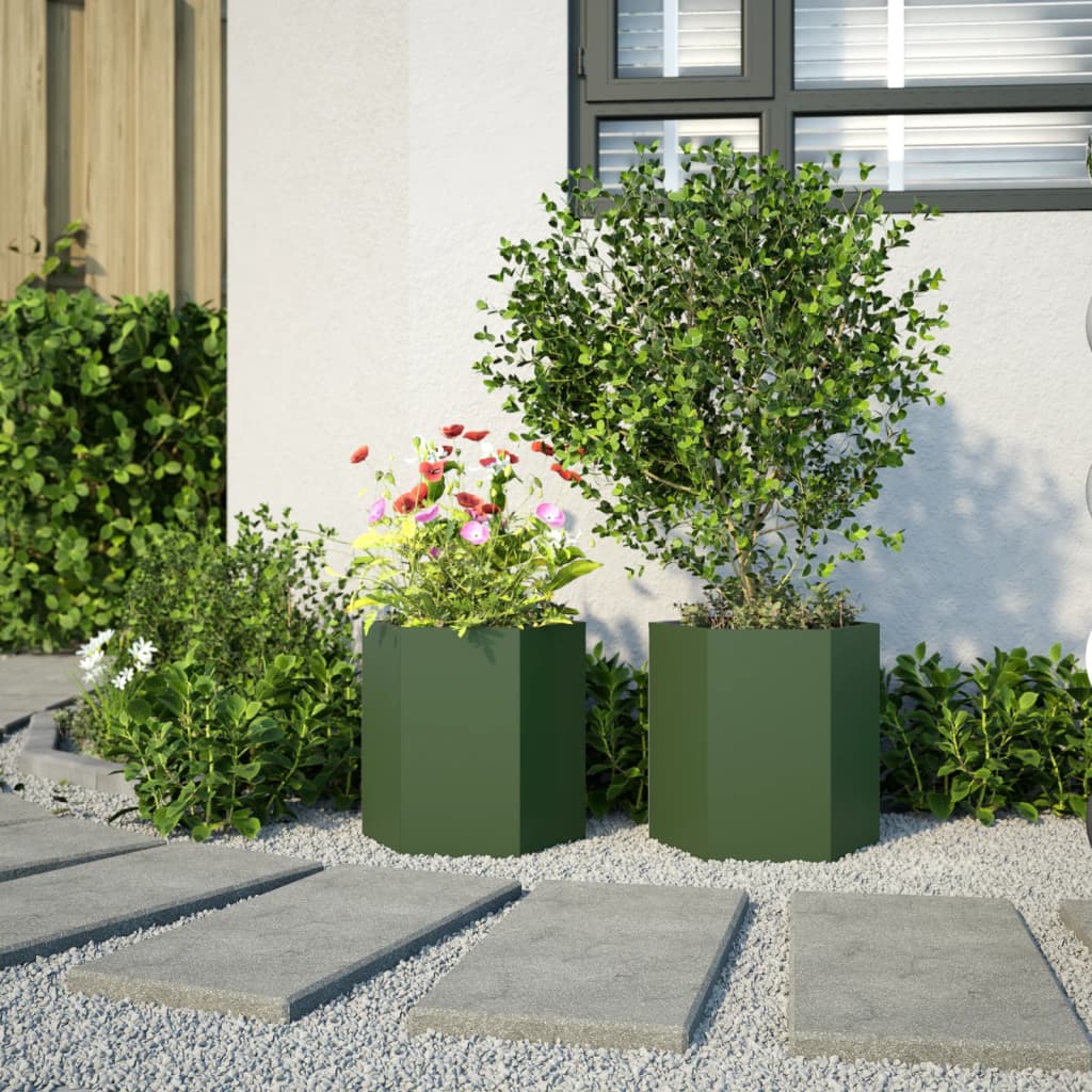 Plantenbakken 2 st zeshoek 46x40x45 cm staal olijfgroen is nu te koop bij PeponiXL, paradijselijk wonen!
