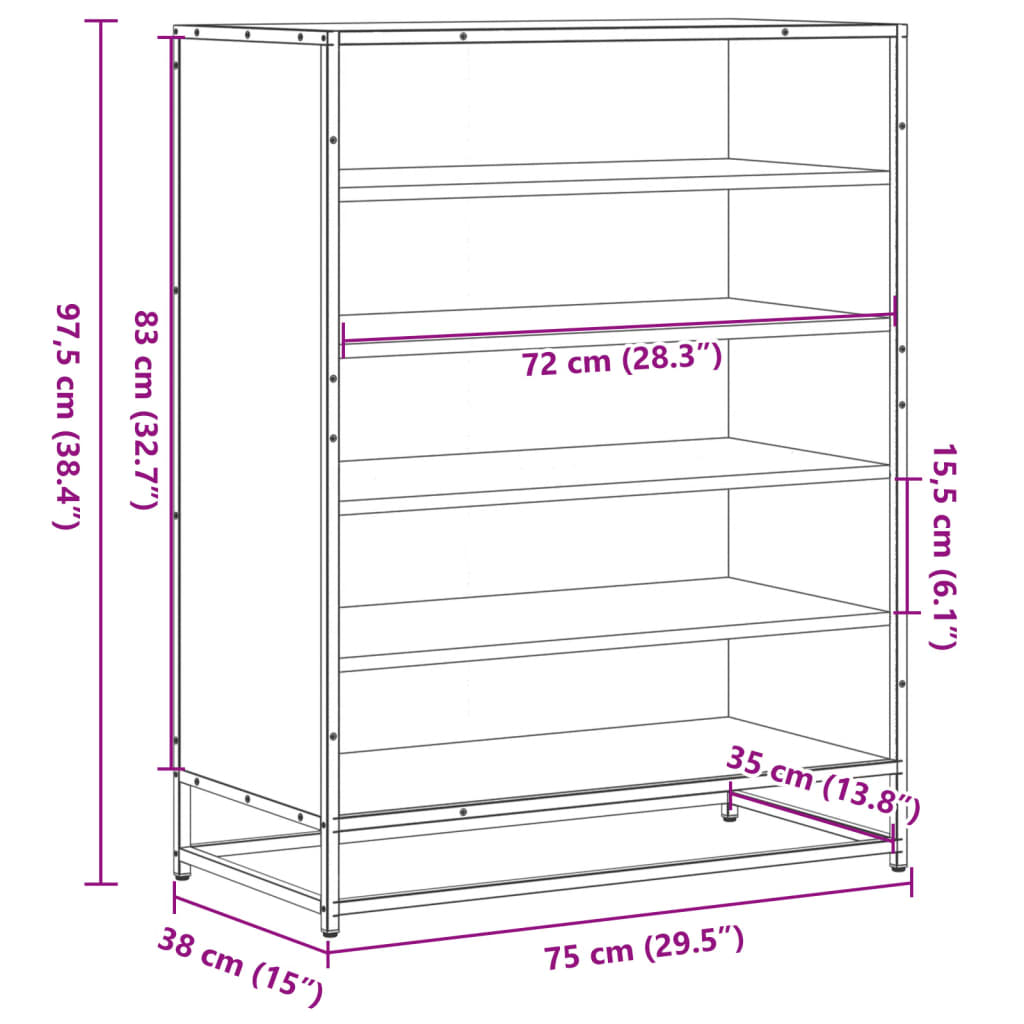 Schoenenkast 75x38x97,5 cm bewerkt hout en metaal sonoma eiken is nu te koop bij PeponiXL, paradijselijk wonen!