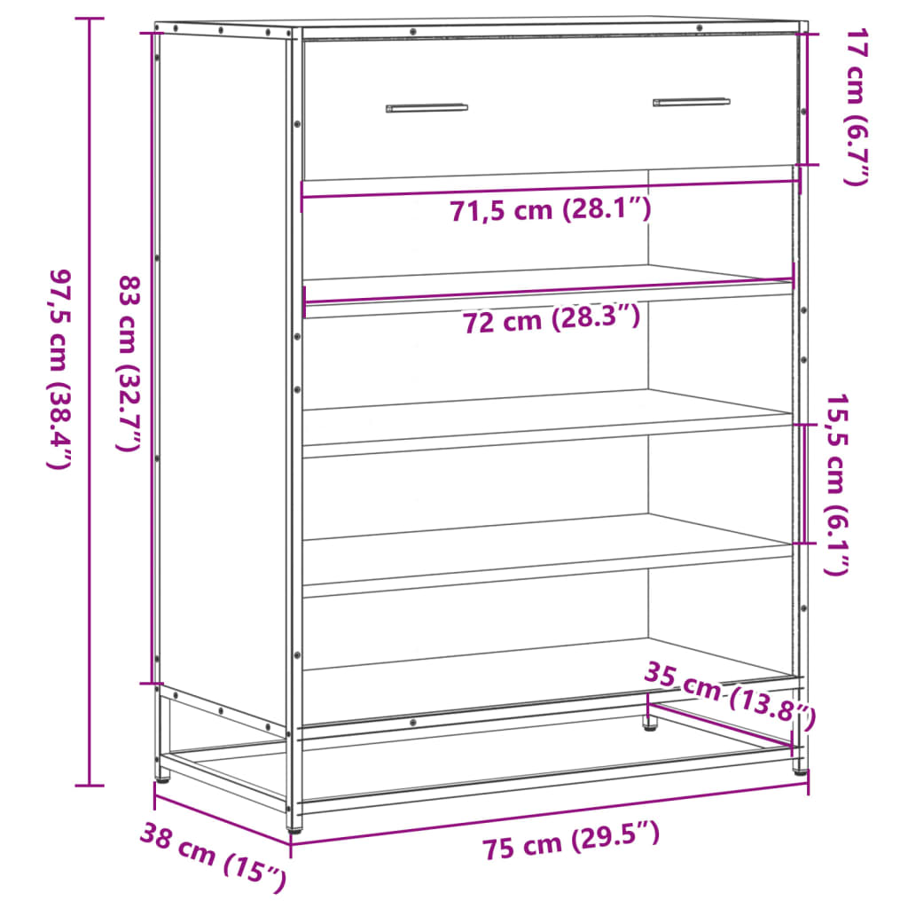 Schoenenkast 75x38x97,5 cm bewerkt hout en metaal gerookt eiken is nu te koop bij PeponiXL, paradijselijk wonen!