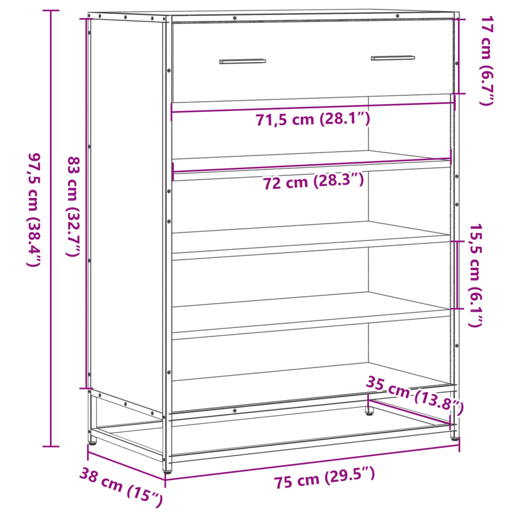 Schoenenkast 75x38x97,5 cm bewerkt hout en metaal grijs sonoma is nu te koop bij PeponiXL, paradijselijk wonen!