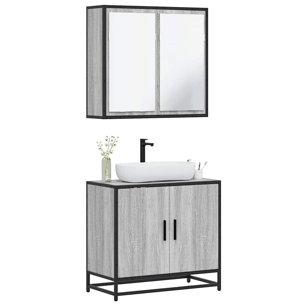 2-delige Badkamermeubelset bewerkt hout grijs sonoma eikenkleur is nu te koop bij PeponiXL, paradijselijk wonen!