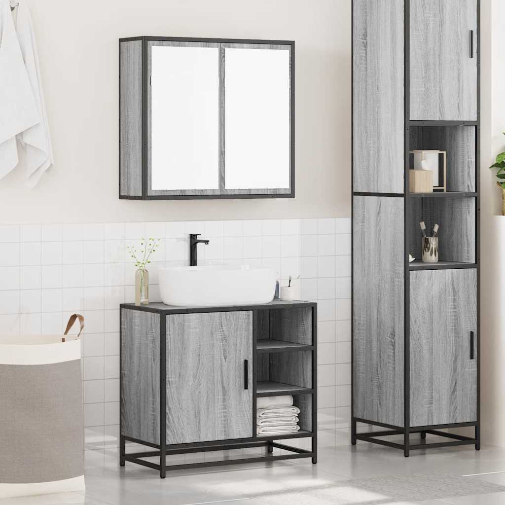 2-delige Badkamermeubelset bewerkt hout grijs sonoma eikenkleur is nu te koop bij PeponiXL, paradijselijk wonen!