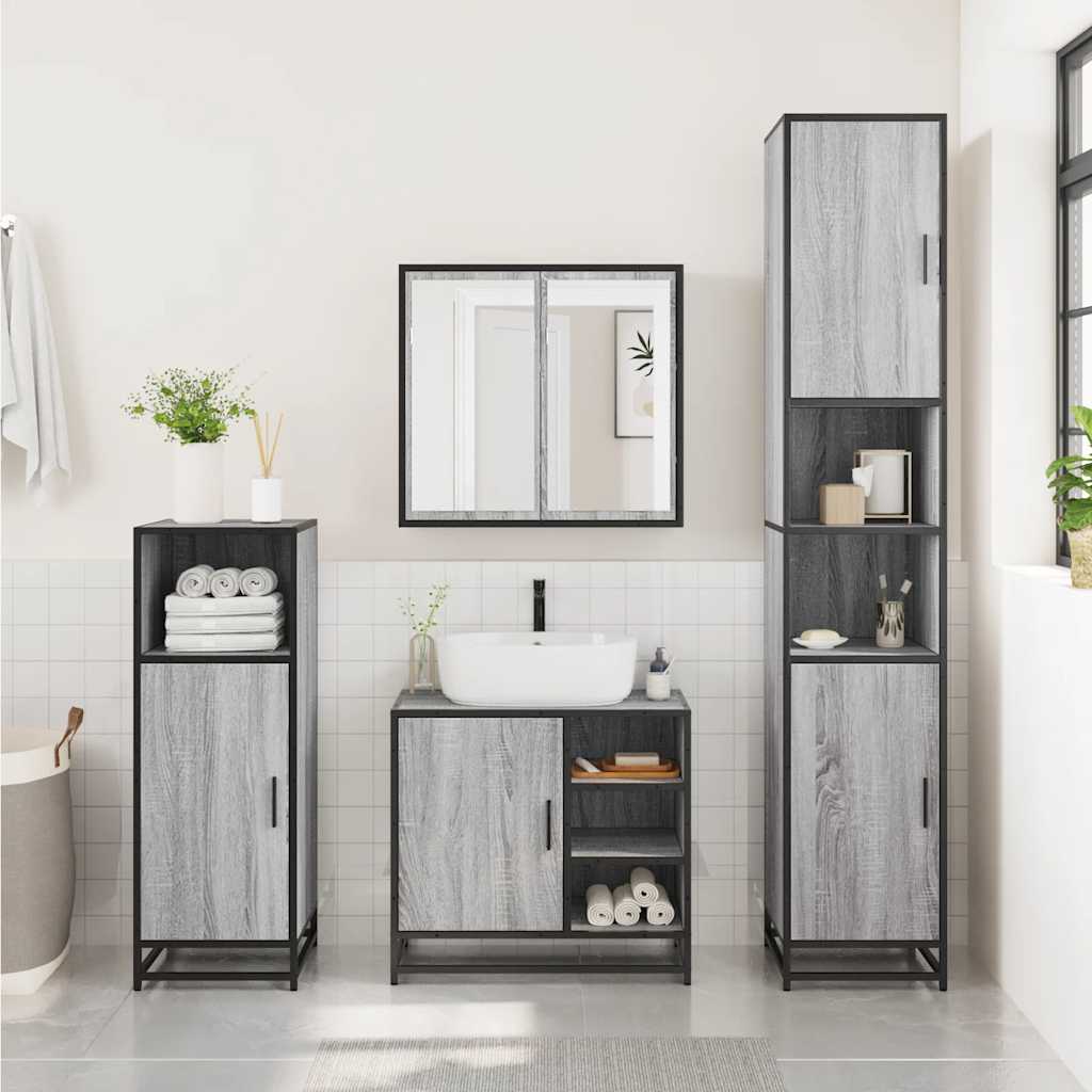 2-delige Badkamermeubelset bewerkt hout grijs sonoma eikenkleur is nu te koop bij PeponiXL, paradijselijk wonen!
