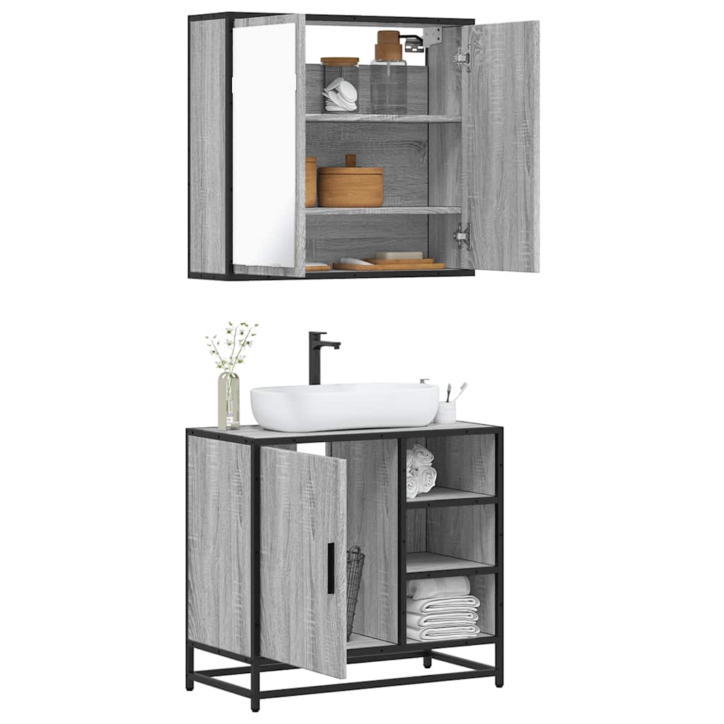 2-delige Badkamermeubelset bewerkt hout grijs sonoma eikenkleur is nu te koop bij PeponiXL, paradijselijk wonen!