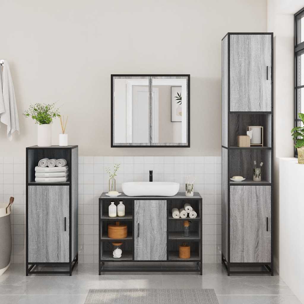 2-delige Badkamermeubelset bewerkt hout grijs sonoma eikenkleur is nu te koop bij PeponiXL, paradijselijk wonen!