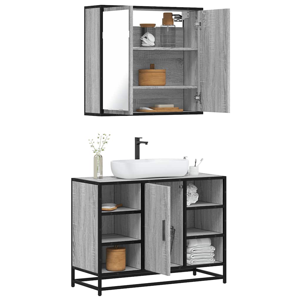 2-delige Badkamermeubelset bewerkt hout grijs sonoma eikenkleur is nu te koop bij PeponiXL, paradijselijk wonen!