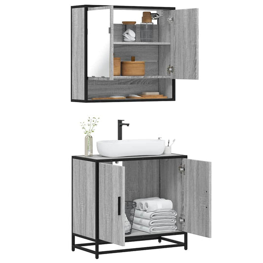 2-delige Badkamermeubelset bewerkt hout grijs sonoma eikenkleur is nu te koop bij PeponiXL, paradijselijk wonen!