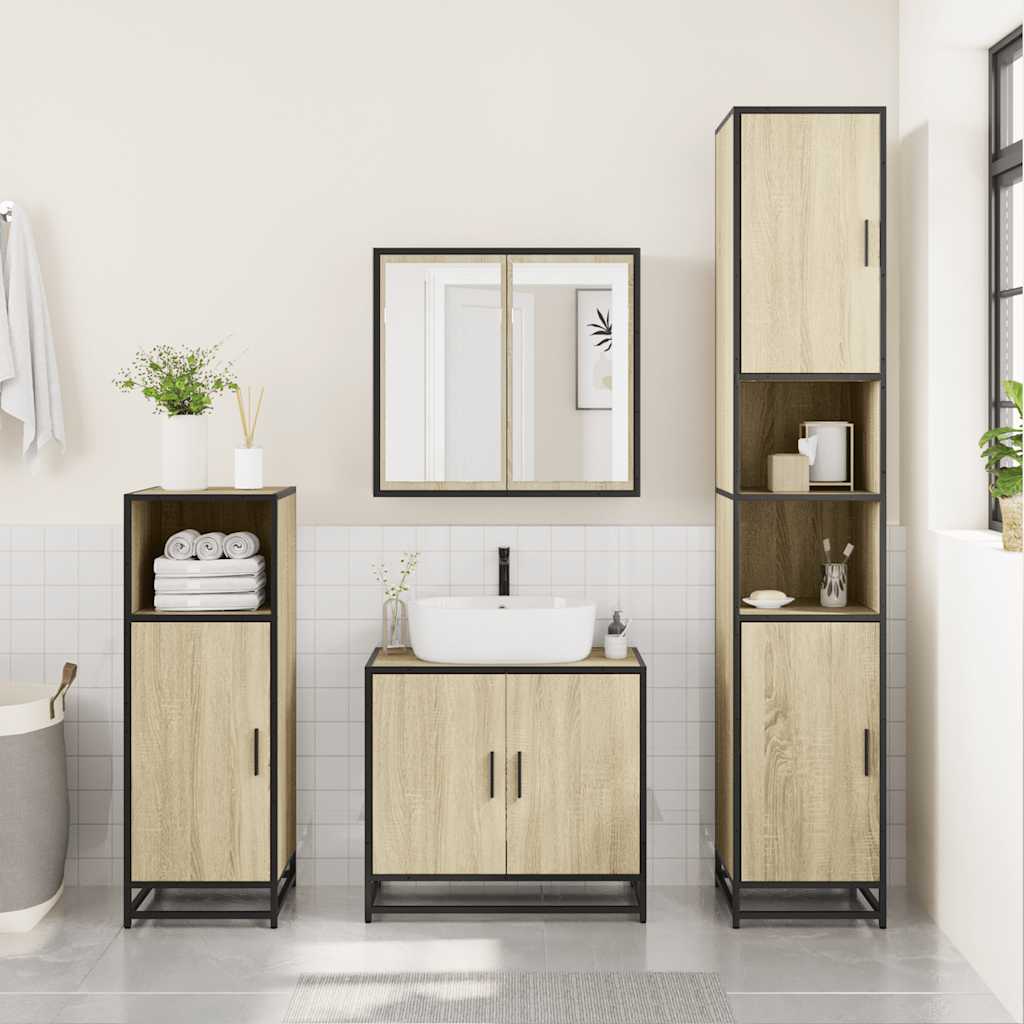 3-delige Badkamermeubelset bewerkt hout sonoma eikenkleurig is nu te koop bij PeponiXL, paradijselijk wonen!